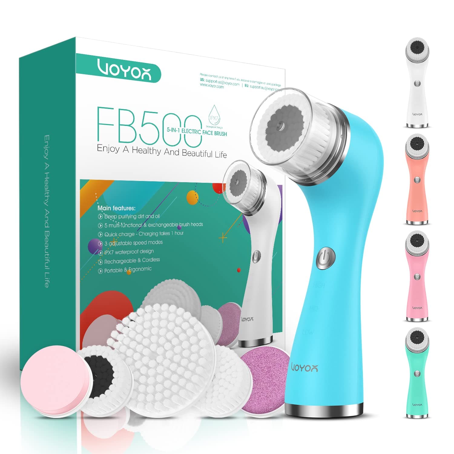 VOYOR Facial Cleansing Brush Rechargeable, Spin Face Brush Waterproof 5-in-1 Body Brush Set for Deep Skin Cleansing, Gentle Exfoliating and Massaging FB500 (Blue)