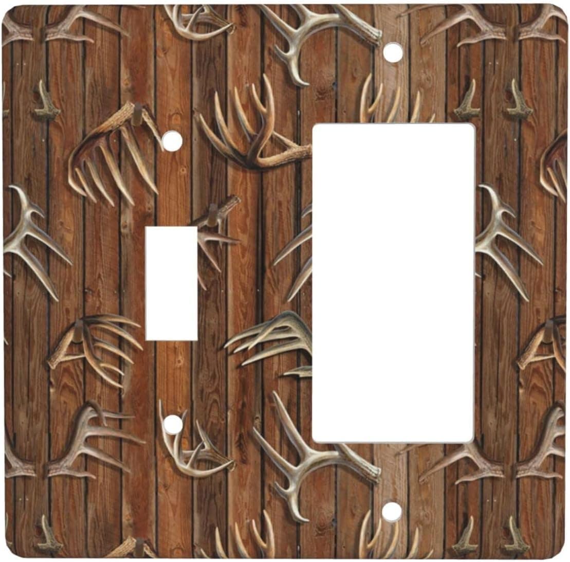 YAZXHJAZ Combination Electrical Outlet Light Switch Covers Antlers Wood Brown Deer Double Gang Wall Plate 2 Gang
