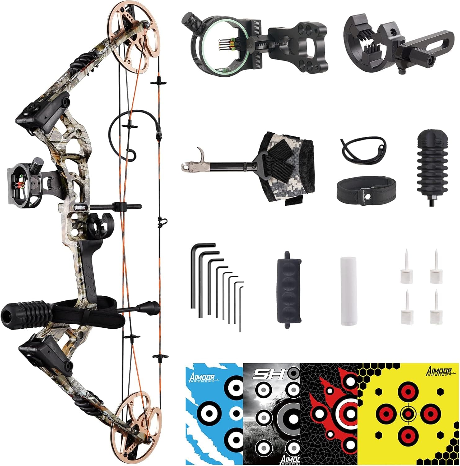 Aimdorarchery A10 Compound Bow Kit 0-75Lbs Draw Weight for Beginner and Master Archer Limbs Made in USA 19-31" Draw Length Up to 325 FPS Camo
