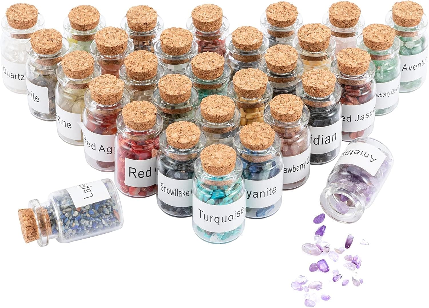 Set of 30 Gemstones Bottles- Healing Tumbled Gem Wishing Bottles Mini Crystals for Spell Jars Chip Crystal Stones Reiki Wicca Stones Set Witchcraft Crystals for DIY Crafts Jewelry Making Decor