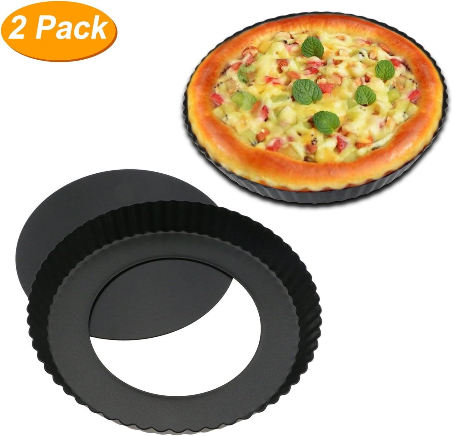 Homga 2 Pack Non-Stick 9 Inches Removable Loose Bottom Quiche Tart Pan, Tart Pie Pan, Round Tart Quiche Pan with Removable Base