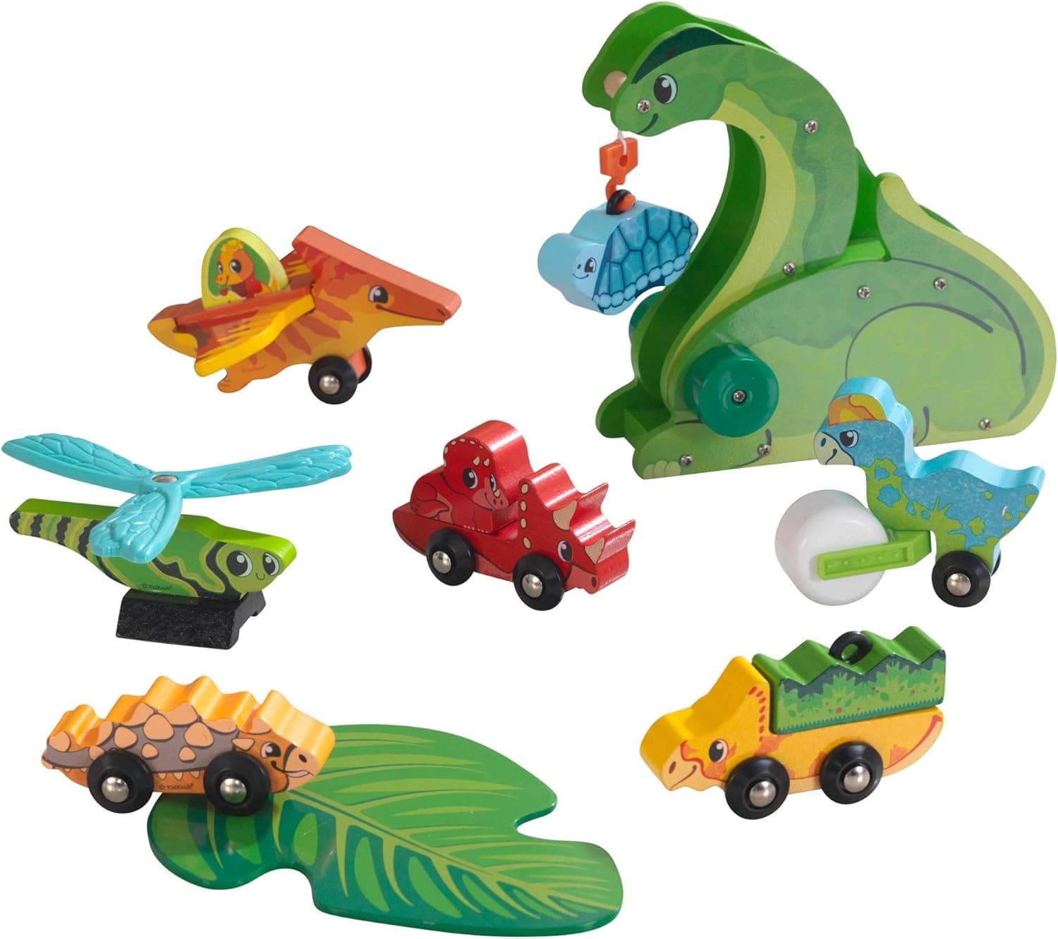 KidKraft Adventure Tracks Dino World: Prehistoric Pals Pack Wooden Train Track 13-pc. Vehicle Set, Gift for Ages 3+