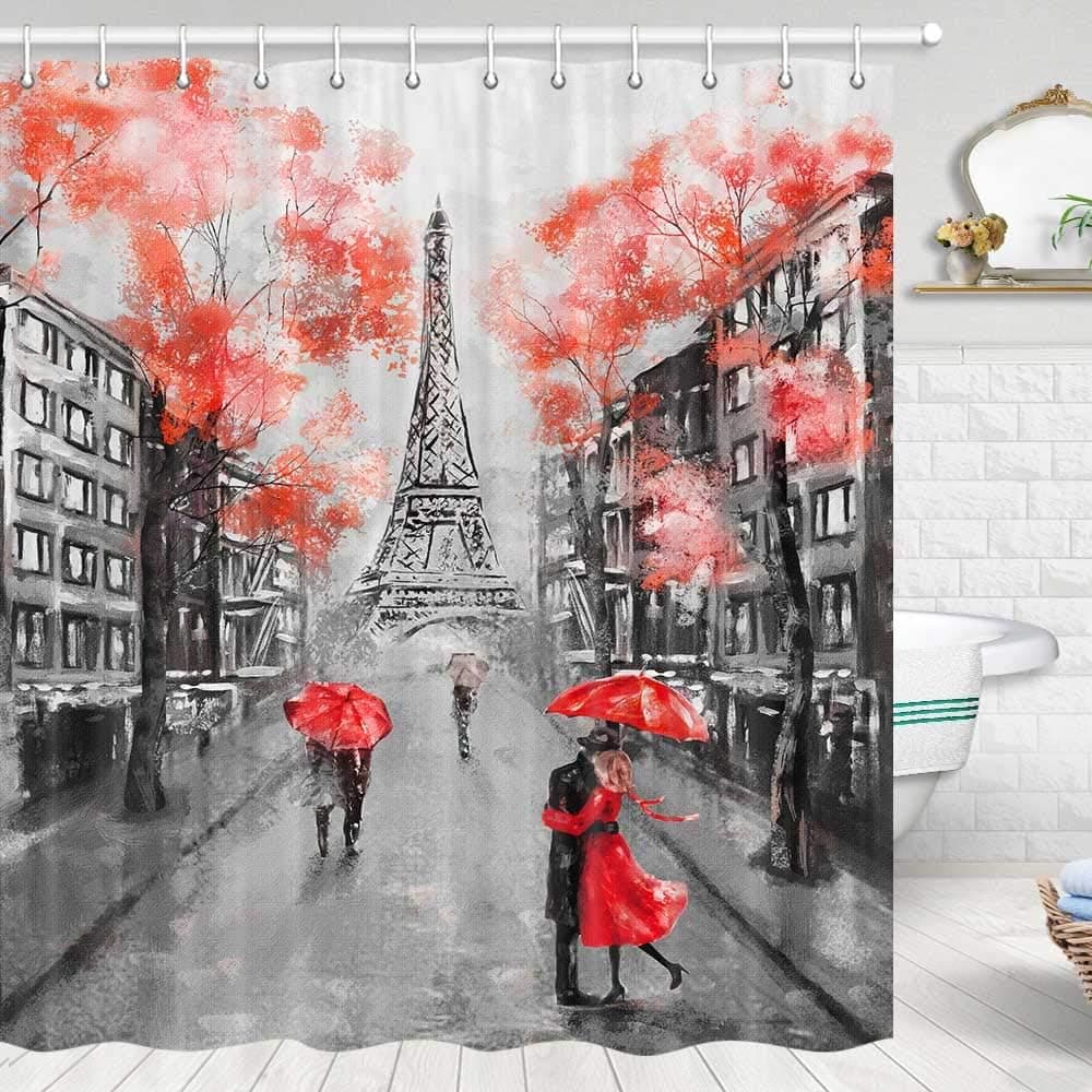 JAWO Paris Shower Curtain European City Landscape France Eiffel Tower Modern Couple Black Red, Valentines Bathroom Shower Curtain Set, Fabric Shower Curtain Hooks Include, 70 in