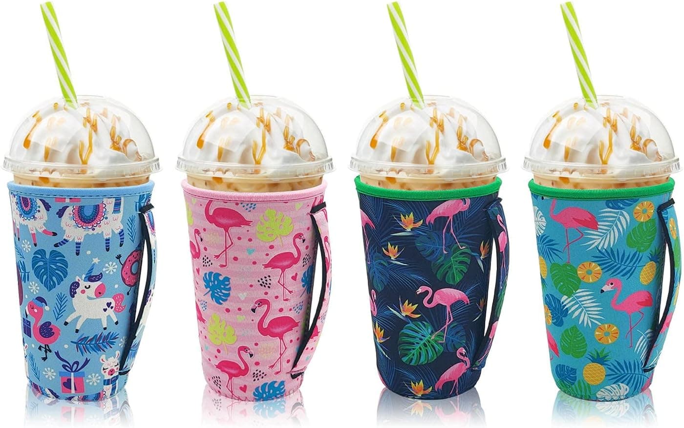 4Pack Reusable Iced Coffee Sleeve Insulator Sleeves for Cold Drinks Beverages, Neoprene Cup Sleeve With Handle for Most Coffee, Fits 30-32oz Large Cups (Flamingo with handle)