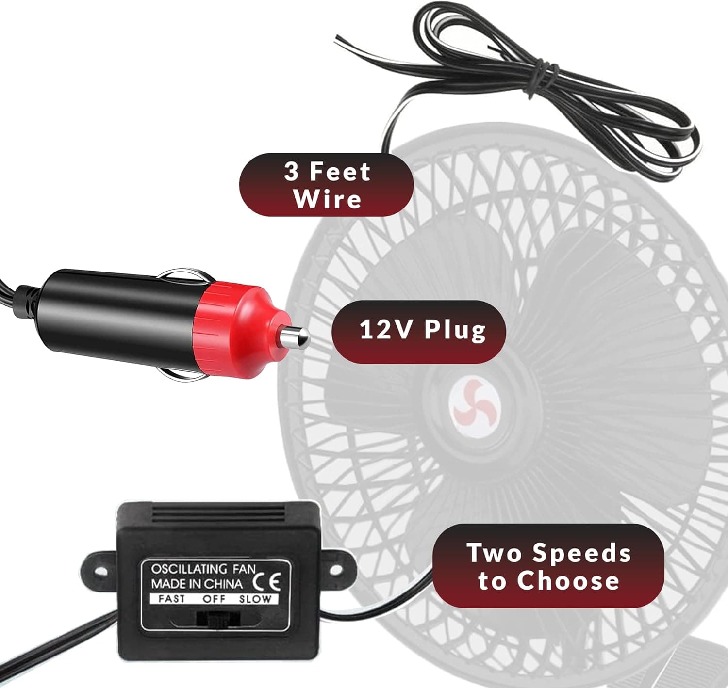 Zento Deals Oscillating Fan- 12V Durable Black Fan for Car, House and Office