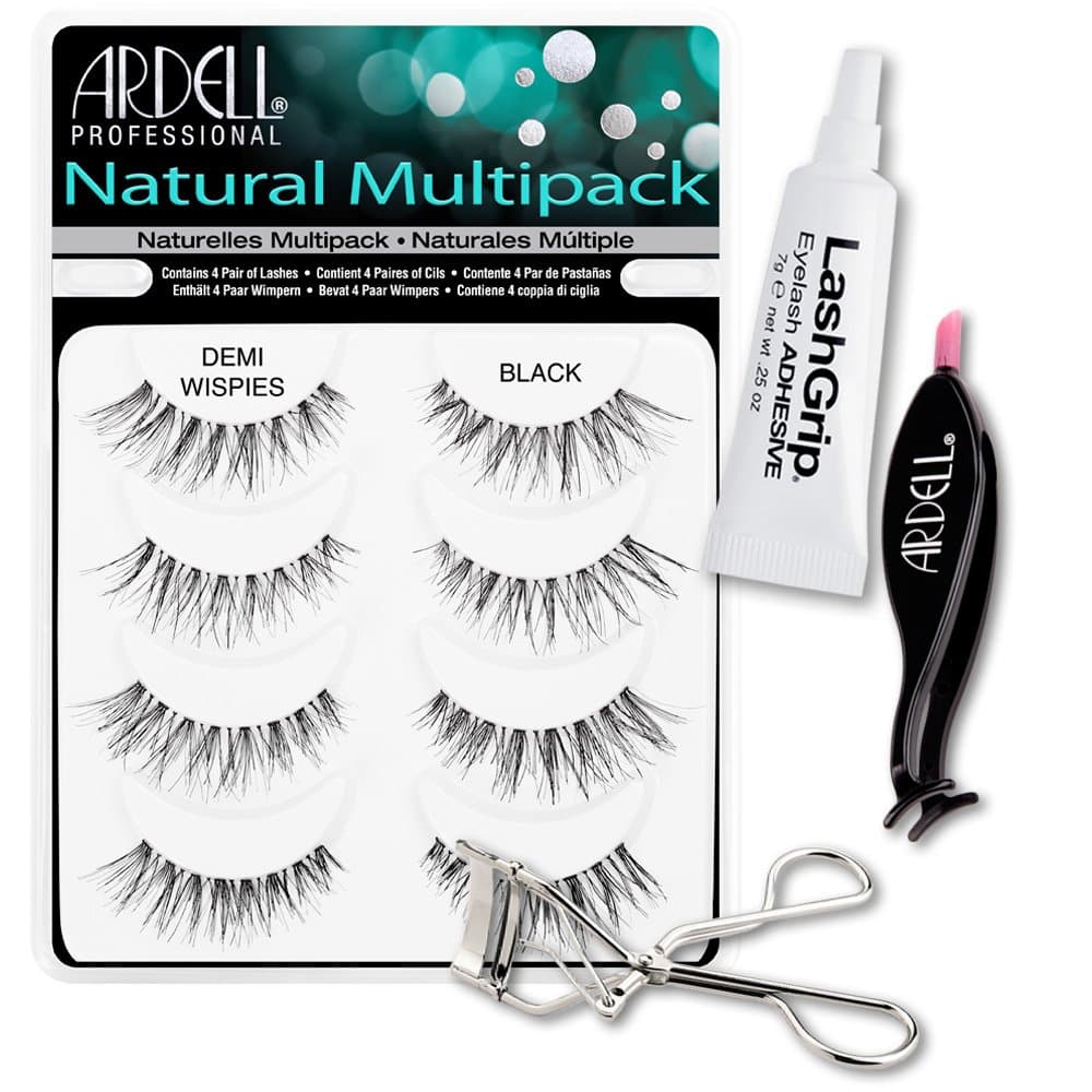 Ardell Fake Eyelashes Demi Wispies Value Pack - Natural Multipack Demi Wispies (Black), LashGrip Strip Adhesive, Dual Lash Applicator, Cameo Eyelash Curler - Everything For Perfect False Eyelashes