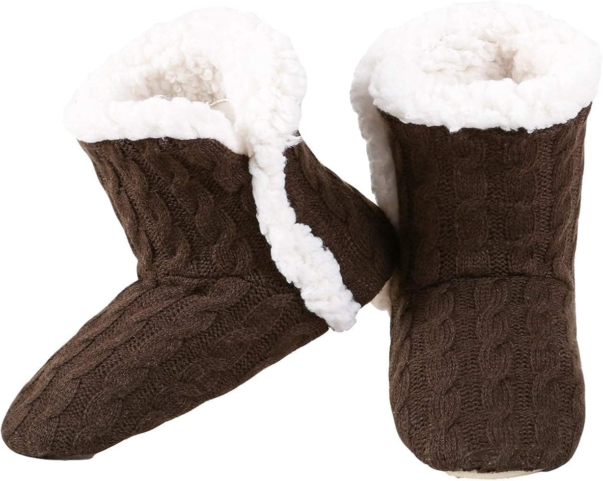 YELETE Womens Cable Knit Slippers House Booties Socks Soft Sherpa Lining Rubber Soles