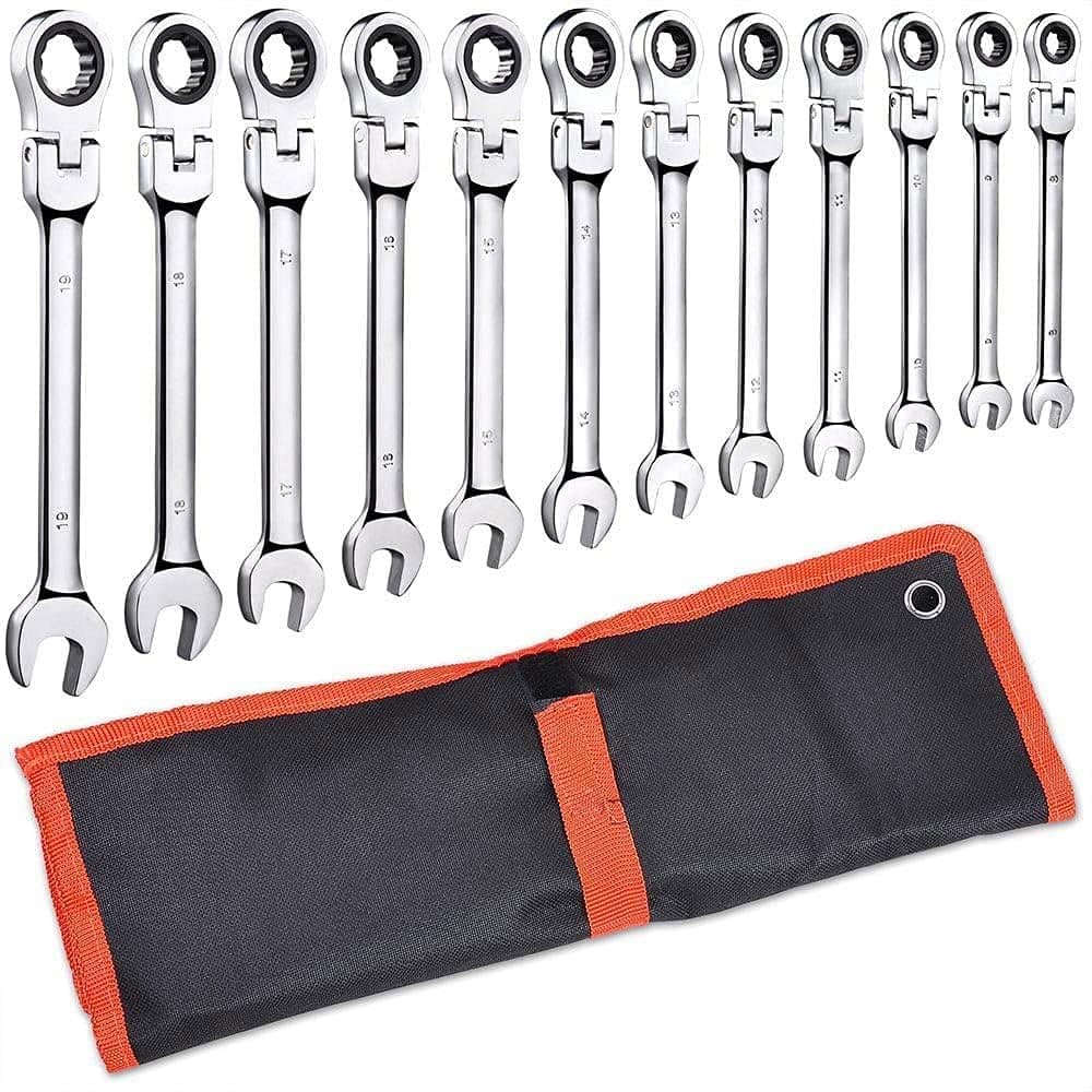 tonchean 12pcs Flex-head Ratcheting Wrench Set 8-19mm Metric Professional Chrome Vanadium Steel Ratchet Wrenches CrV Gear Spanner Set Combination Ended Spanner Kit with Portable Suspended Canvas Bag