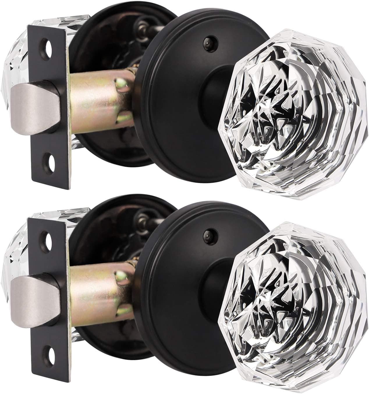 KNOBWELL 2 Pack Privacy Glass Door Knob Crystal Regency Fluted Door Knob with Victorian Plate Rosette in Matte Black