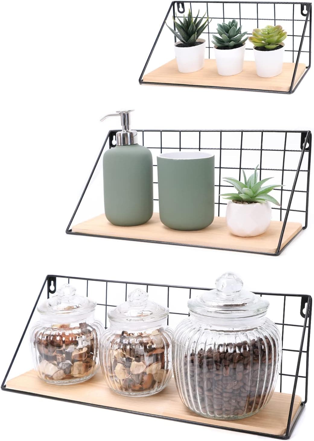 Floating Shelves for Wall, Set of 3 Wall Mounted Shelves, Rustic Wooden Storage with Wire Frame for Living Room, Bedroom, Bathroom, Kitchen, Easy to Mount, Black