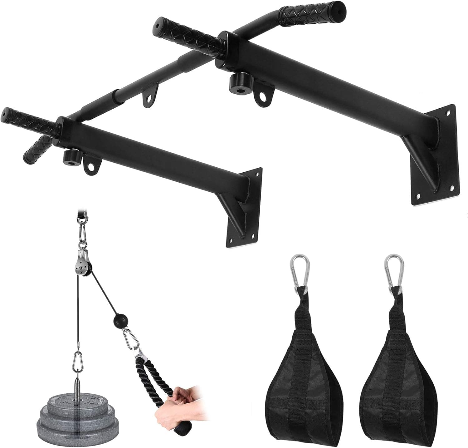 Odoland 3-in-1 Wall Mount Pull Up Bar and Dip Station with LAT Pulley System and Ab Straps, Multi-Grip Chin-Up Bar Dip Stands Compact Power Tower for Indoor Home Gym Workout Multifunctional Fitness