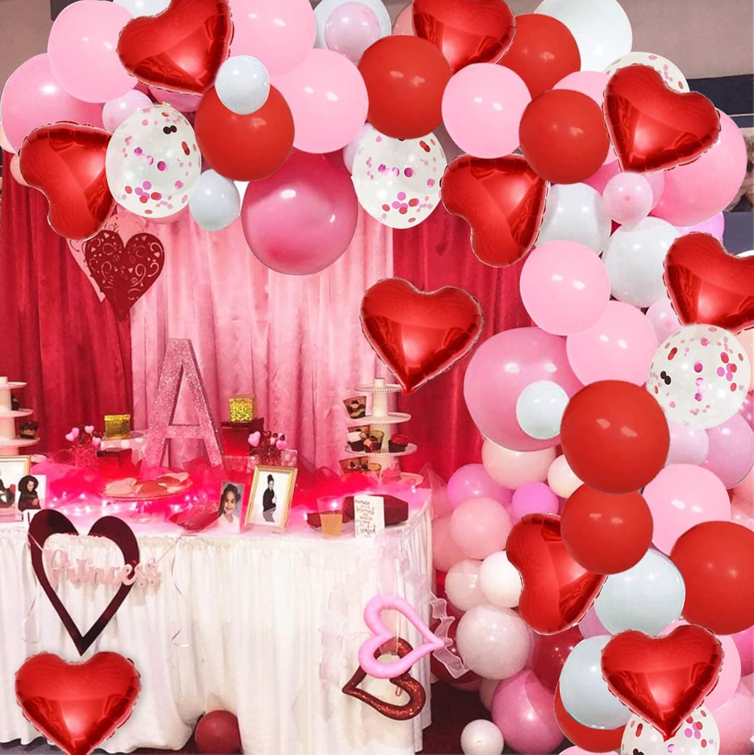 Valentine's Day Red Balloons Arch Garland Kit 110 Pack 5" 10" 12" Red Pink White Balloons Arch with Confetti Balloon Red Heart Foil Balloon for Valentine's Day Wedding Party Decorations
