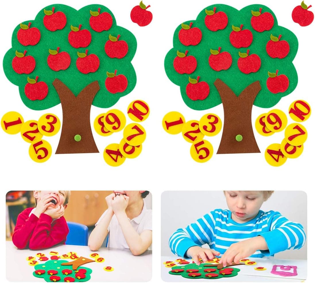 Biubee 2 Sets Felt Apple Tree Toy- Educational Apple and Number Matching Toy Montessori Math Toy for Kids Learning Numbers