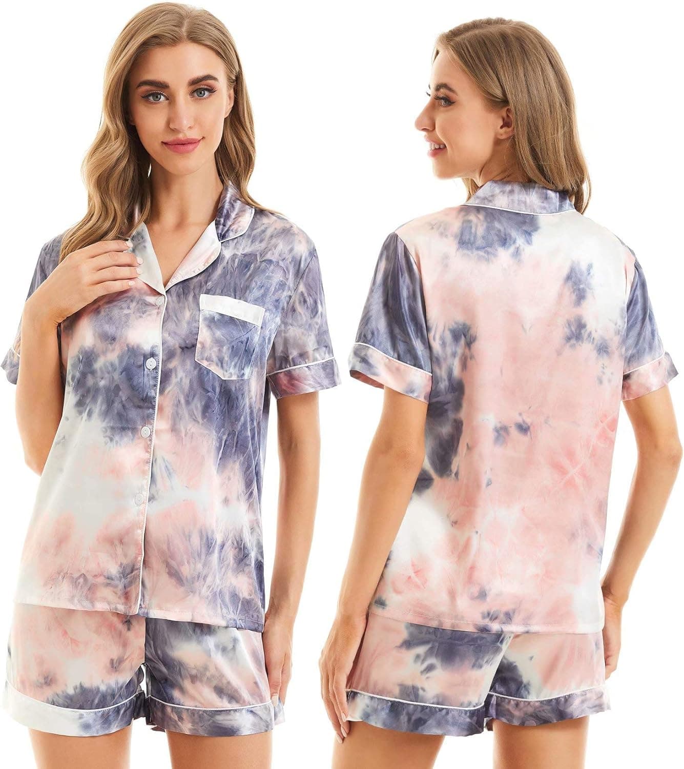 SWOMOG Women Button Up Tie Dye Printed Pajamas Silk Satin PJ Sets Two Piece Sleepwear Loungewear