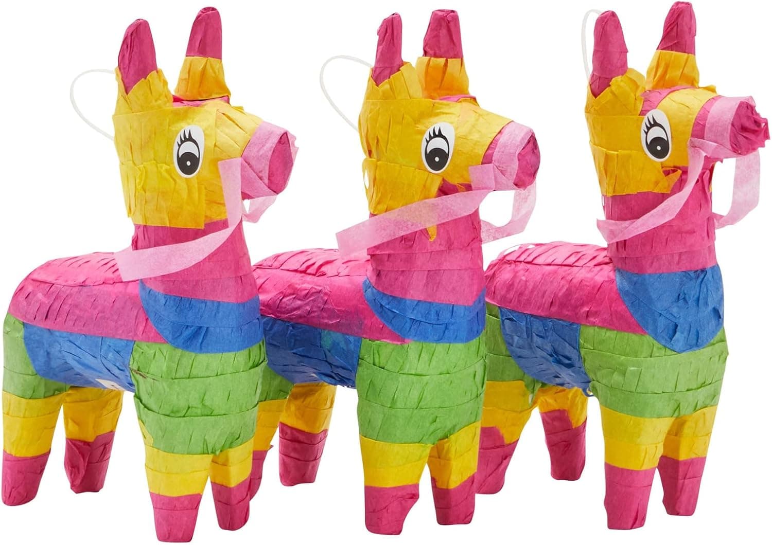 3 Piece Mini Rainbow Donkey Pinata Set for Cinco de Mayo Party Decorations, Birthdays, Mexican Fiesta Supplies (4 x 7.5 x 2 In)