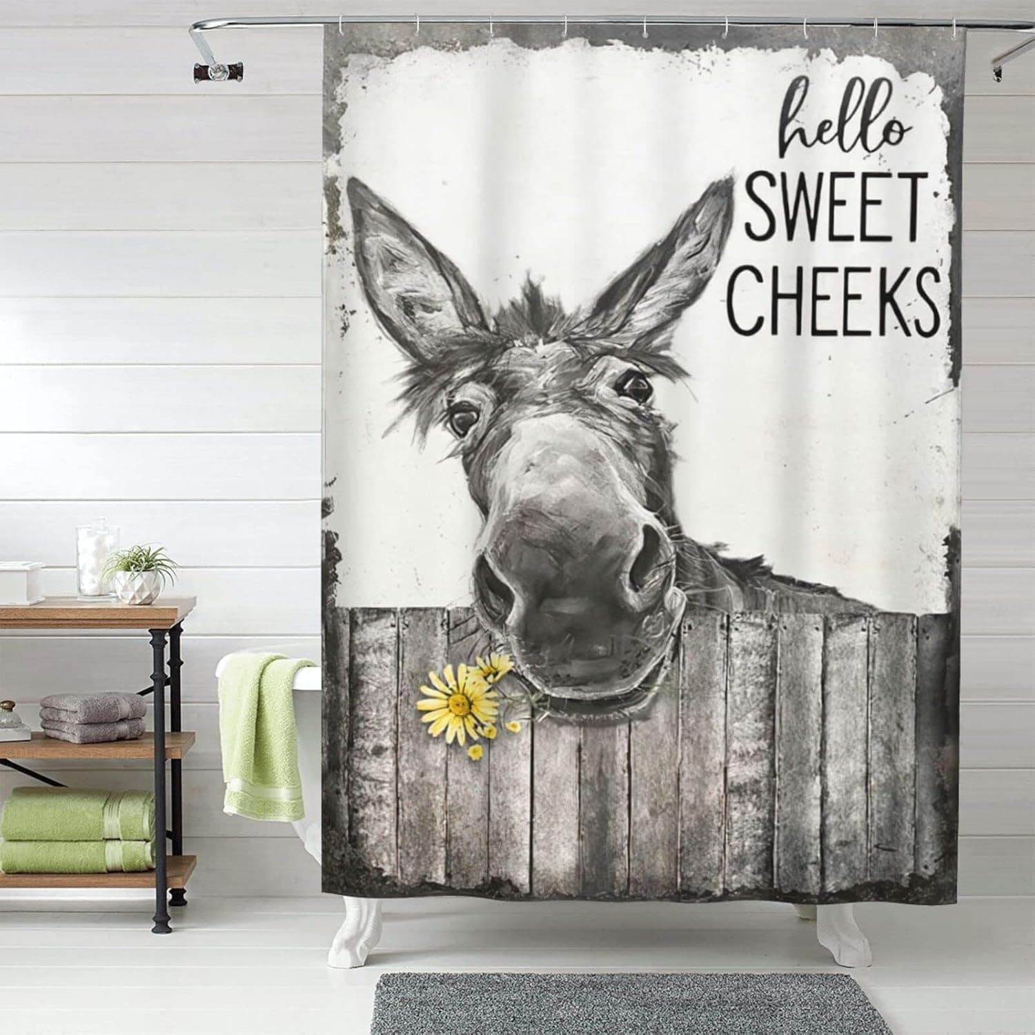 citari Funny Donkey Shower Curtain Rustic Floral Farmhouse Bathroom Shower Curtains Black and White Cute Animal Modern Polyester Fabric Waterproof 12 Pack Plastic Hooks 60 x 72 Inch