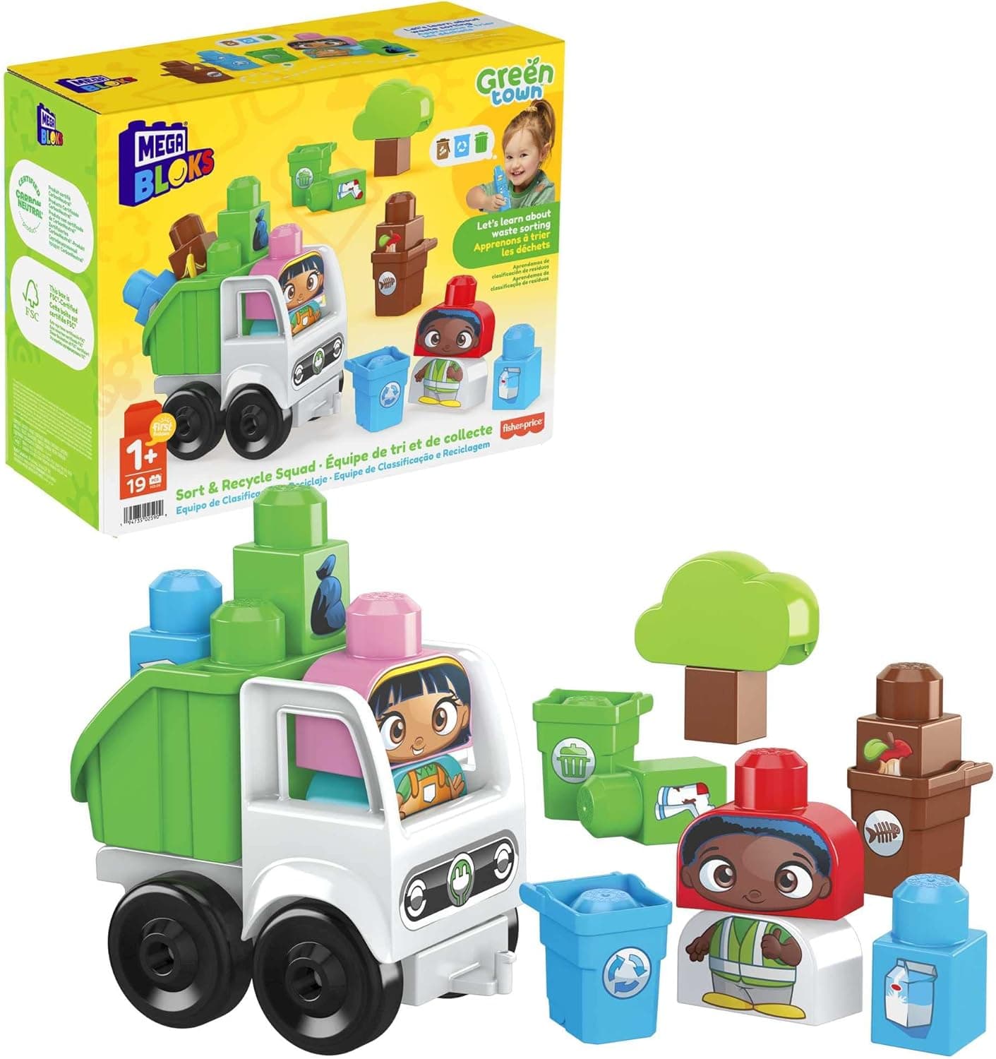 MEGA BLOKS Fisher-Price Toddler Building Blocks, Green Town Sort & Recycle Squad with 15 Pieces, 2 Figures, Kids Age 1+ Years
