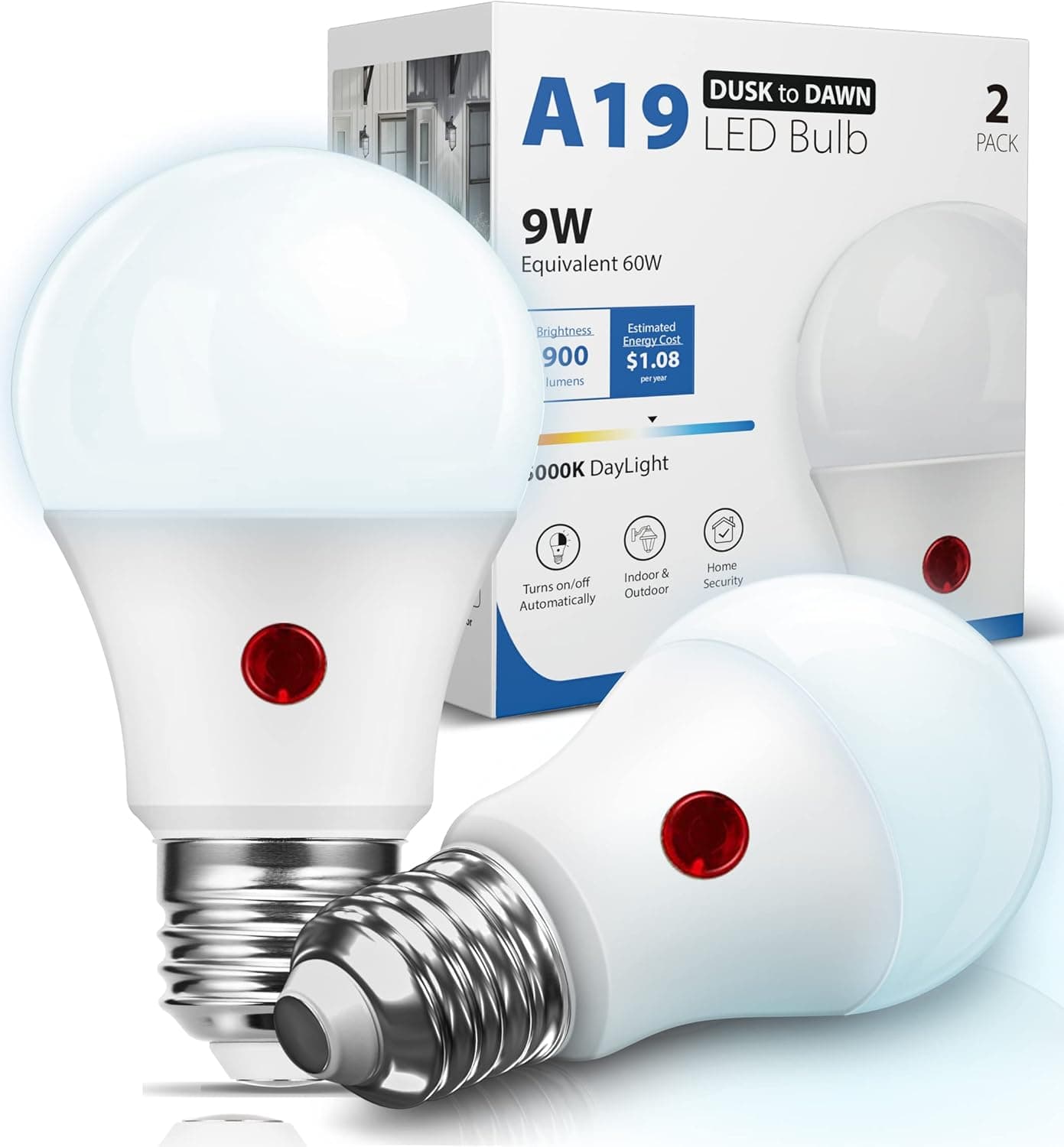 Dusk to Dawn LED Light Bulbs Outdoor, 9W Equivalent 60 Watt Auto On/Off LED Bulb 5000K Daylight White, 900LM, A19 E26 Base Smart Sensor Light Bulb for Porch Hallway Yard Patio Lighting 2-Pack