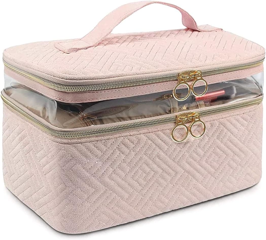 FGIEU Double Layer Makeup Bag, Makeup Bag Organizer for Travel, Portable Adjustable Dividers Travel Makeup Train Bag for Traveling Cosmetic, Makeup Brushes, Jewelry, Large Toiletry Holder with Straps