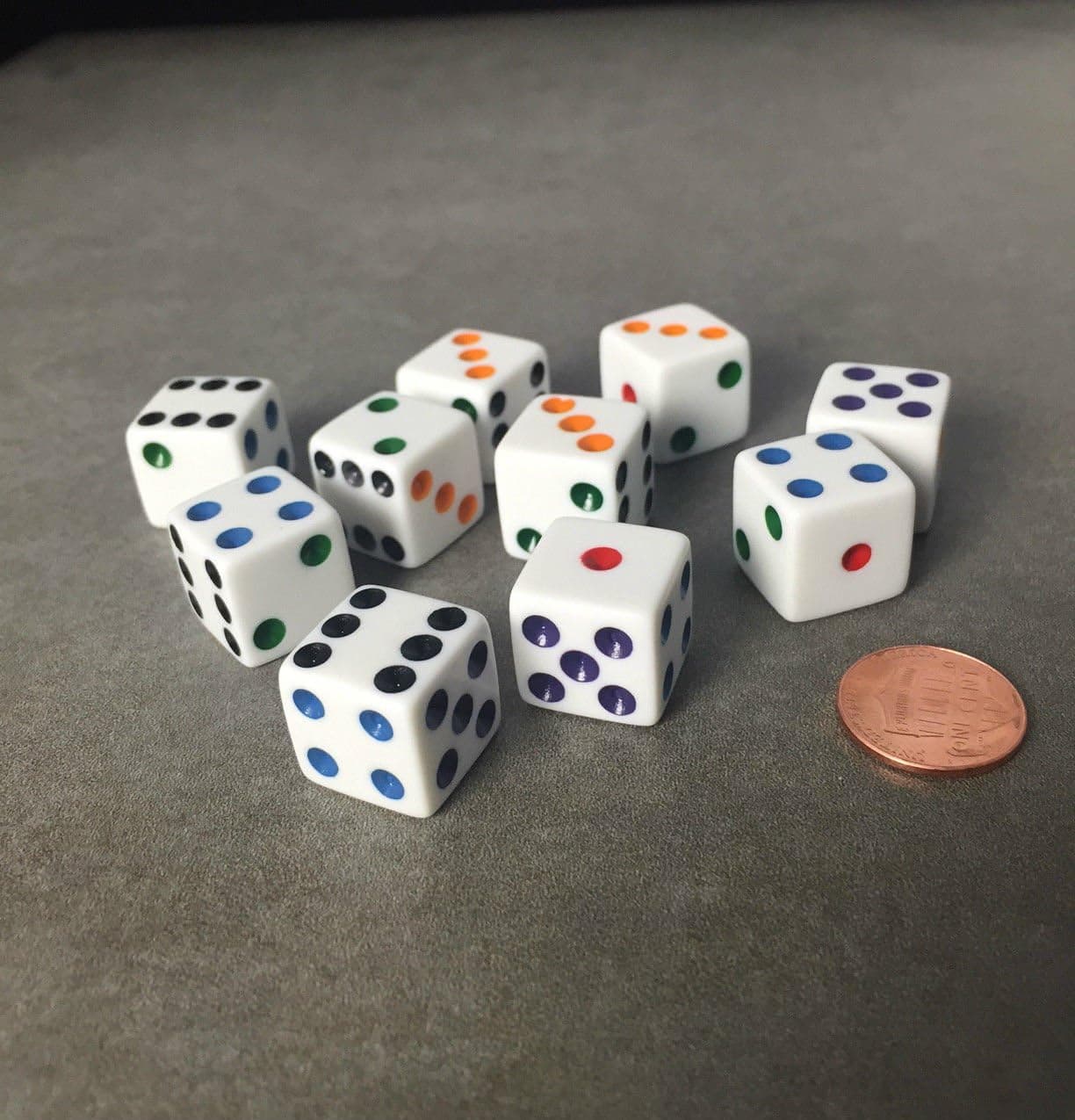 Set of 10 Six Sided D6 16mm Standard Dice White with Multi-Color Pips by JUSTMIKE'S?