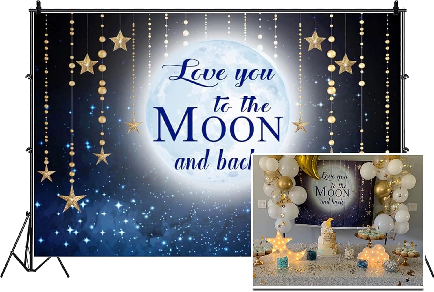 DORCEV 7x5ft Love You to The Moon and Back Photography Backdrop Blue Night Sky Hanging Golden Stars Background for Kid's Birthday Baby Shower Party Photo Video Studio Props