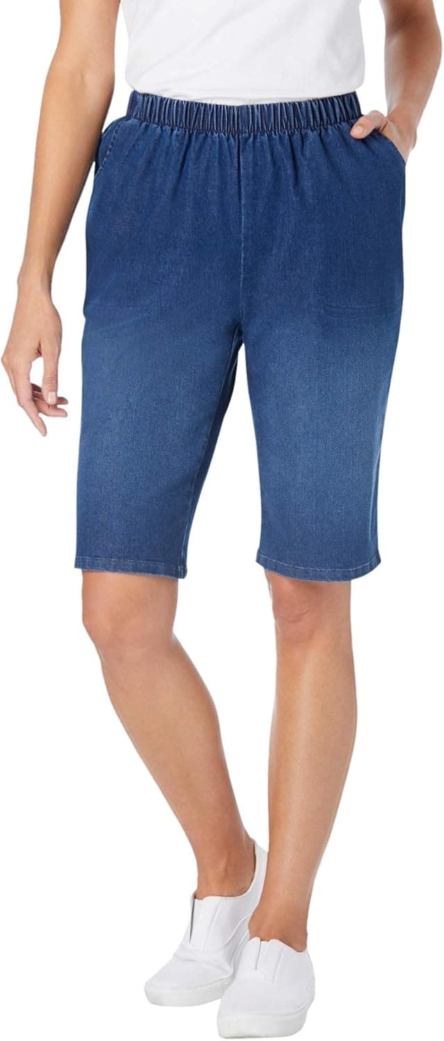Woman Within Women's Plus Size Fineline Denim Short - 16 W, Stonewash Sanded Blue