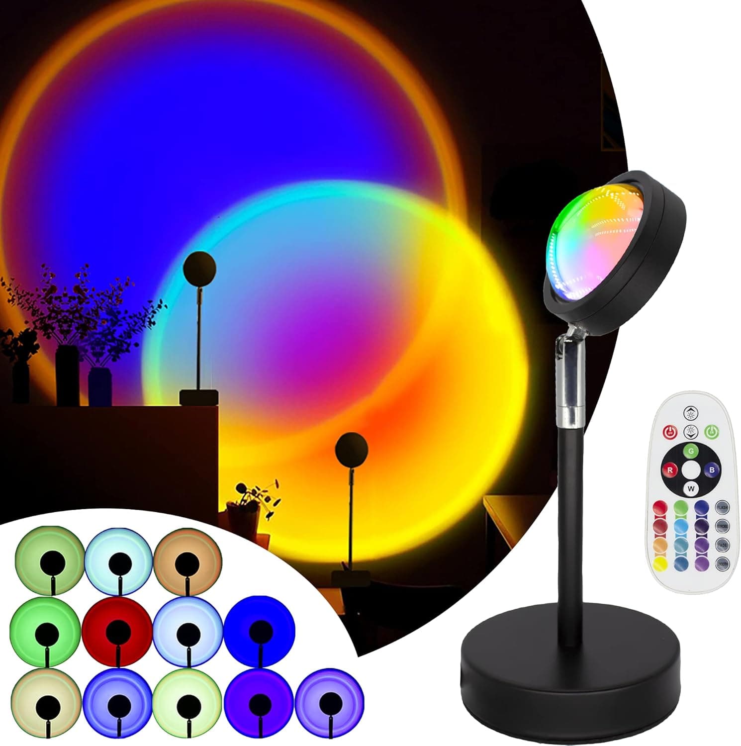 RGB Sunset Light Projection Lamp,16 Colors Night-Light Projector Led Sunset Lamp,180 Degree Rotation Romantic Rainbow Decor Lamp with USB and Remote Control,Led Projector Light for Decor,Photography