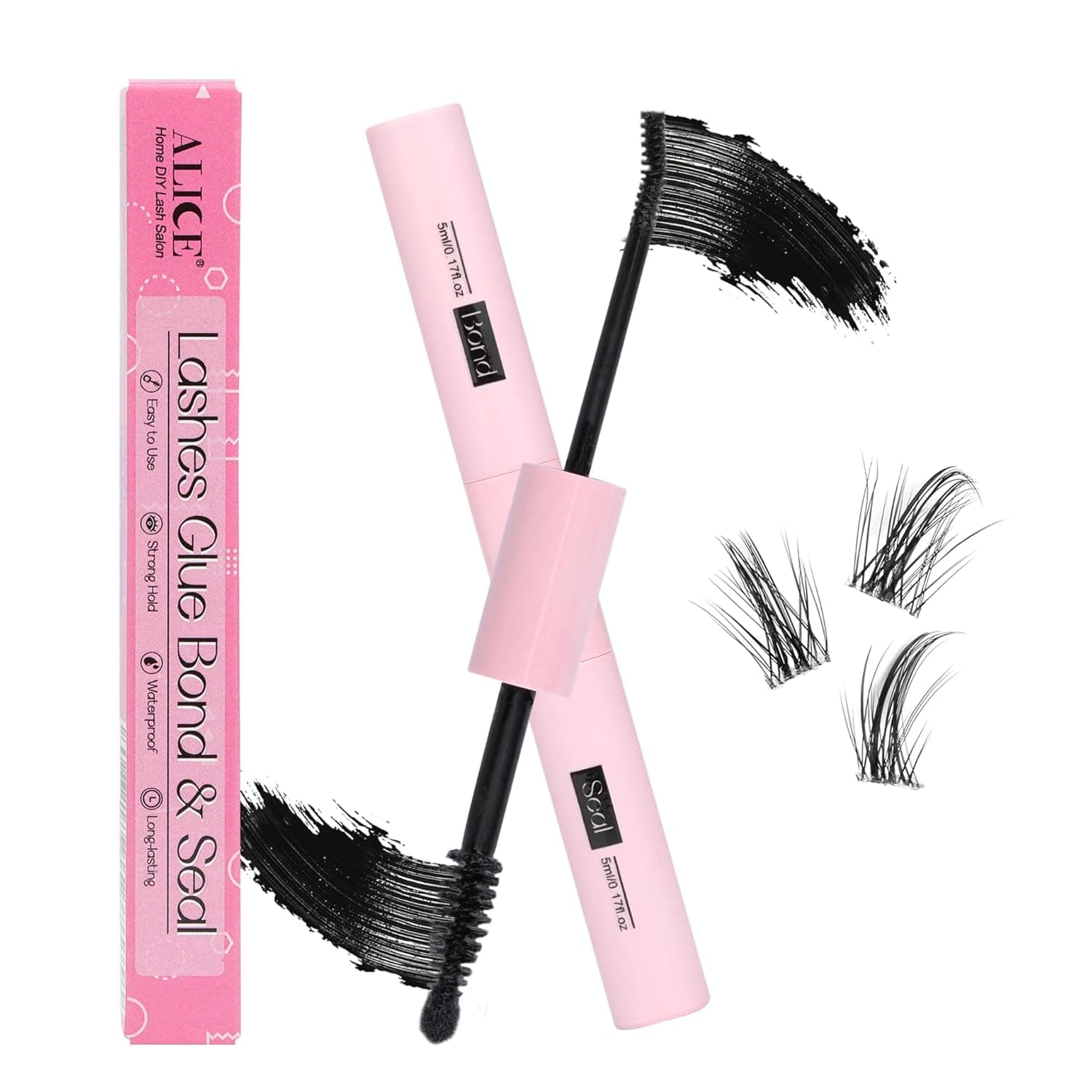 ALICE Lash Bond and Seal, Cluster Lashes Glue for DIY Eyelash Extensions, Individual Lash Glue for Clusters Eyelash Strong Hold Long Latex Free Lasting Waterproof Eye Lashes Glue Mascara (Black 5ml×2)