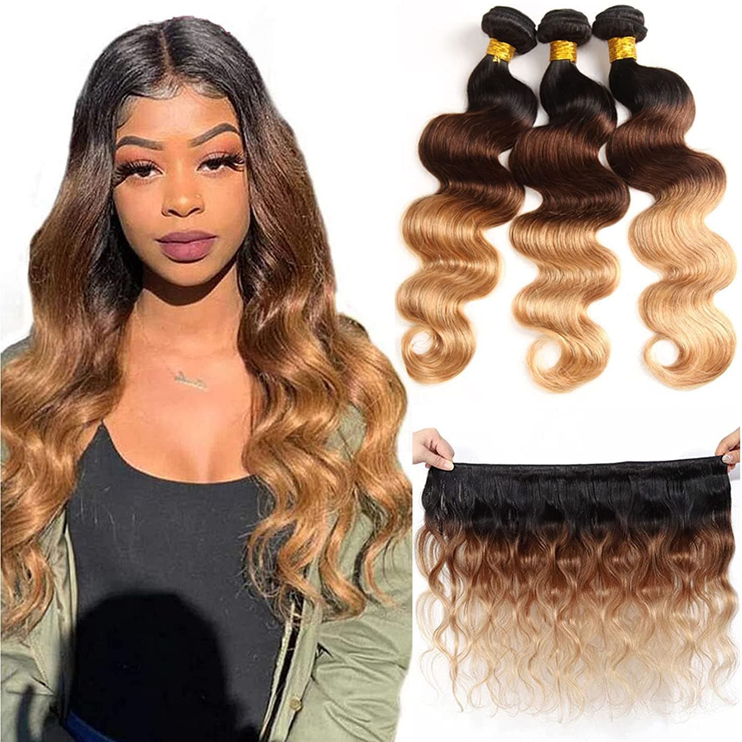 Sakula Ombre Body Wave Human Hair 3 Bundles Grade 8A Brazilian Unprocessed Virgin Remy Hair Weft Human Hair Extensions with 1b/4/27 Color(12/14/16 Inch, 1B/4/27)