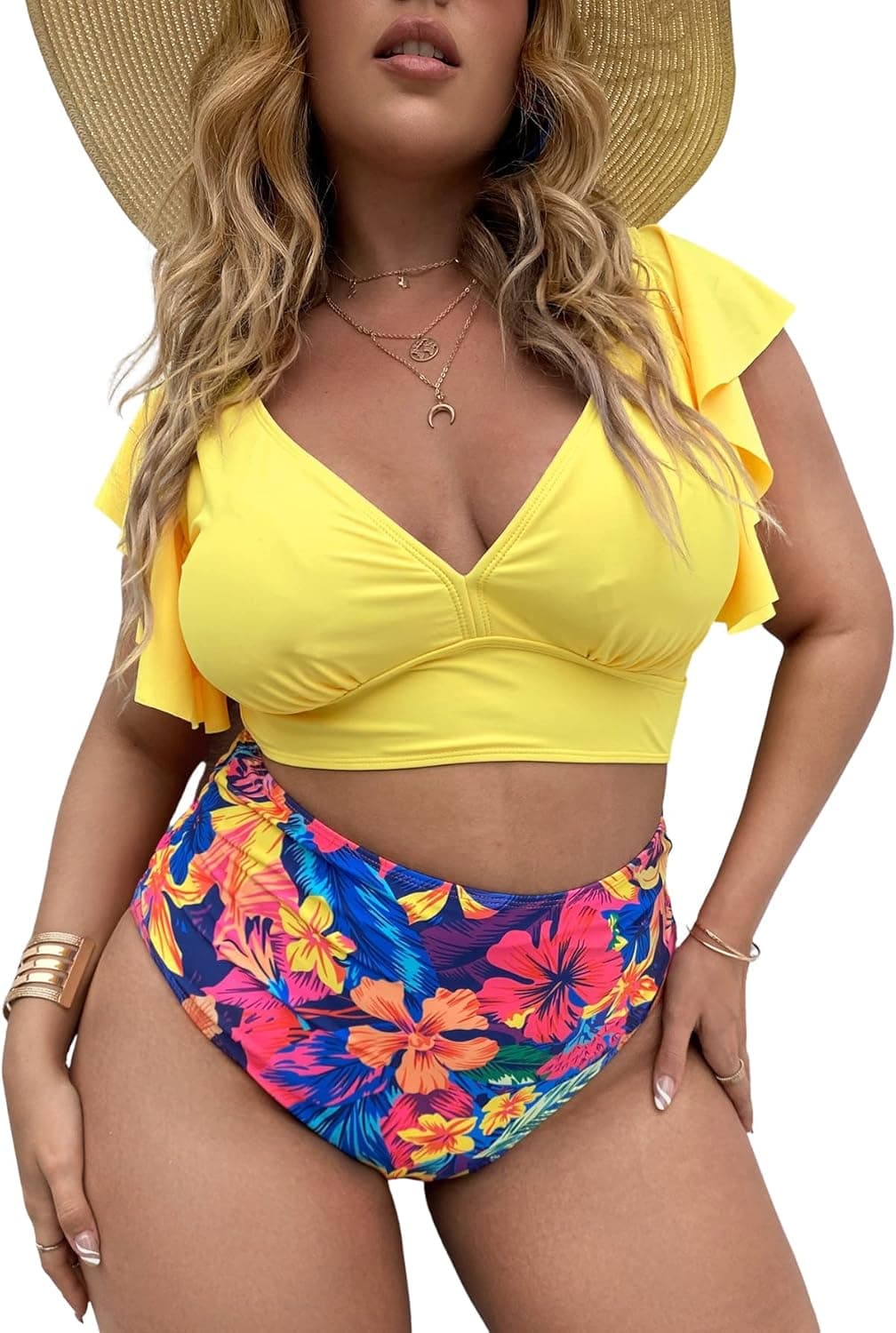 Romwe Women's Plus Size Floral Tropical Print Bikini Ruffle Sleeve 3 Piece Swimsuit Set