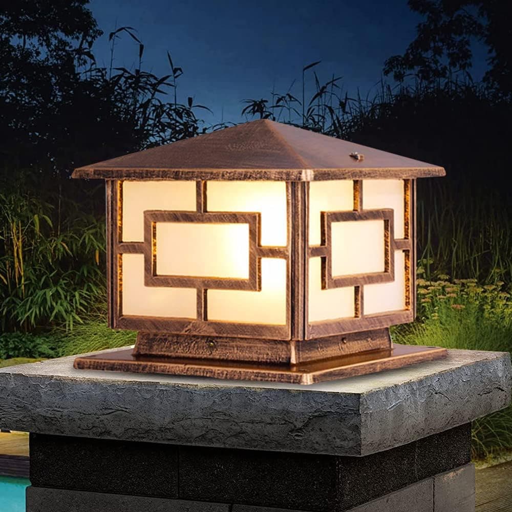Modenny Outdoor Waterproof IP54 Patio Post Lamp External Quality Aluminum Square Pillar Column Light Lantern Victoria Antirust Rainproof Glass Lampshade Porch Streetlight, E26 60W 9.8inch