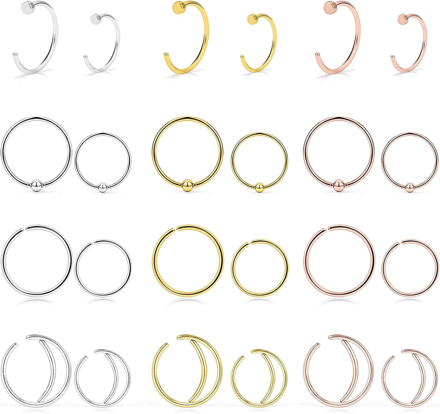 Lcolyoli 24PCS Nose Rings Hoop 22G Surgical Steel Hoop Lip Ring Body Piercing Jewelry Set Moon Fake Septum Nose Ring for Women Men