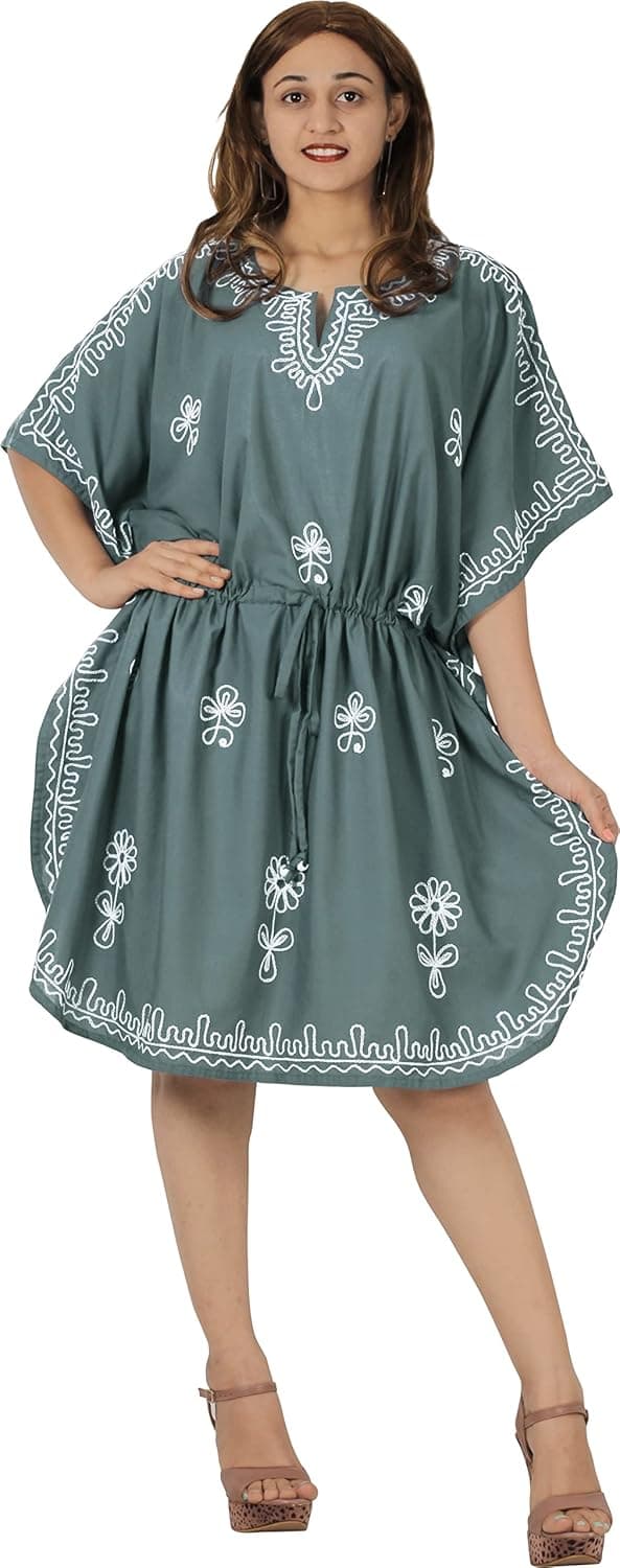 LA LEELA Women's Loungewear Solid Casual Relaxed Caftan Knee Length Cover Up Dresses for Women Plus Size