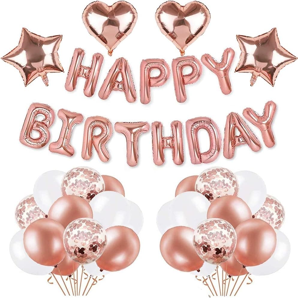 Rose Gold Birthday Party Decorations Set - with Happy Birthday Balloons Banner Rose Gold, Star and Heart Foil Balloons, Latex and Confetti Balloons for Women Girls Mom Ladies Birthday Party Supplies