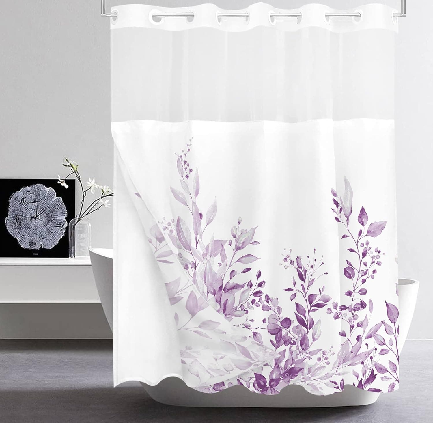Tititex No Hooks Snap in Liner Lilac Light Purple Eucalyptus Leaves Shower Curtain, Hotel Luxury Double Layers Waterproof Fabric & See-Through Top Window Bathroom Decorative 71x71 Inch