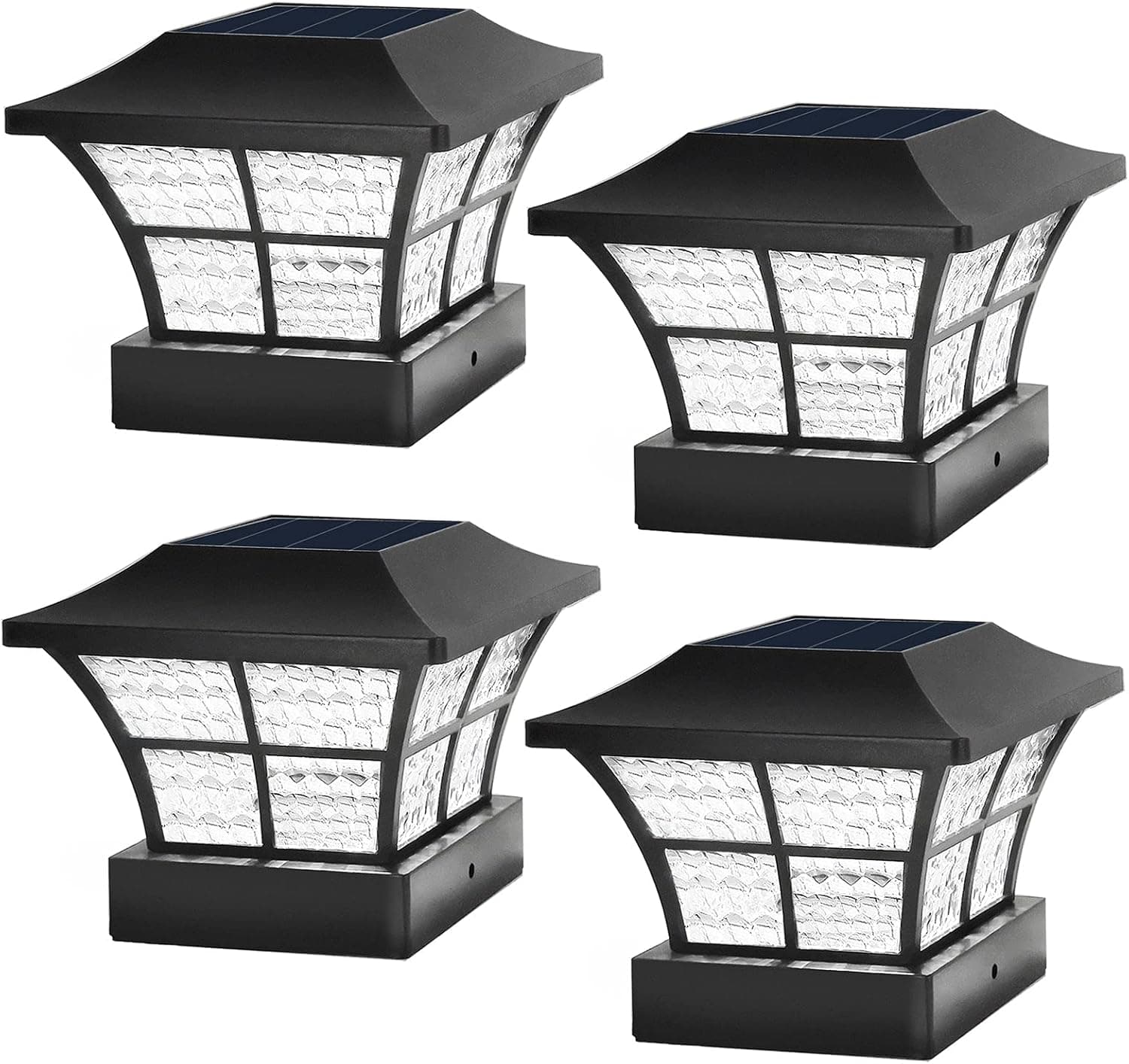 4PK Fence Post Solar Lights Outdoor 3.5x3.5 4x4 inch Classic Square Deck Cap LED Lamp Wooden Posts Waterproof for Landscape, Pathway, Patio, Front Door Decoration (Black- Cool White)