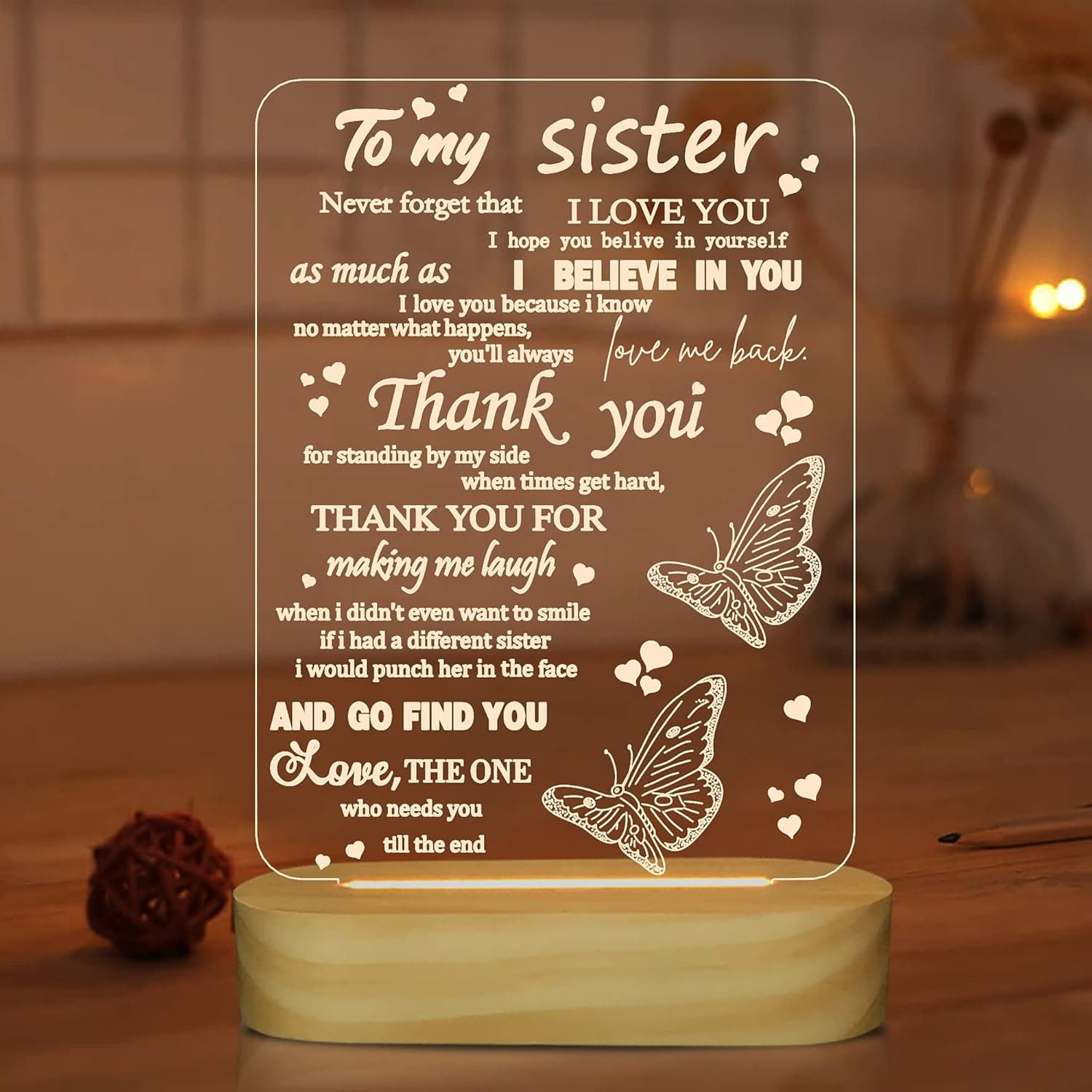 to My Sister Gifts,3D Night Light I Love You Sister LED Illusion Table Lamp for Girl Women Her Mother's Day Birthday Present