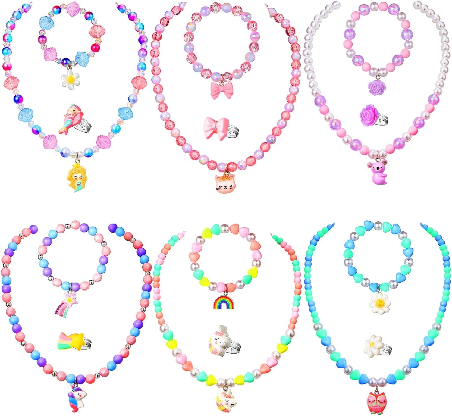 18 Pcs Kids Jewelry for Girls Necklace Bracelet and Rings Set with Colorful Unicorn Mermaid Rainbow Flower Pendant Toddler Jewelry Stretchy Chunky Jewelry Gift for Pretend Play Dress up Party Favor