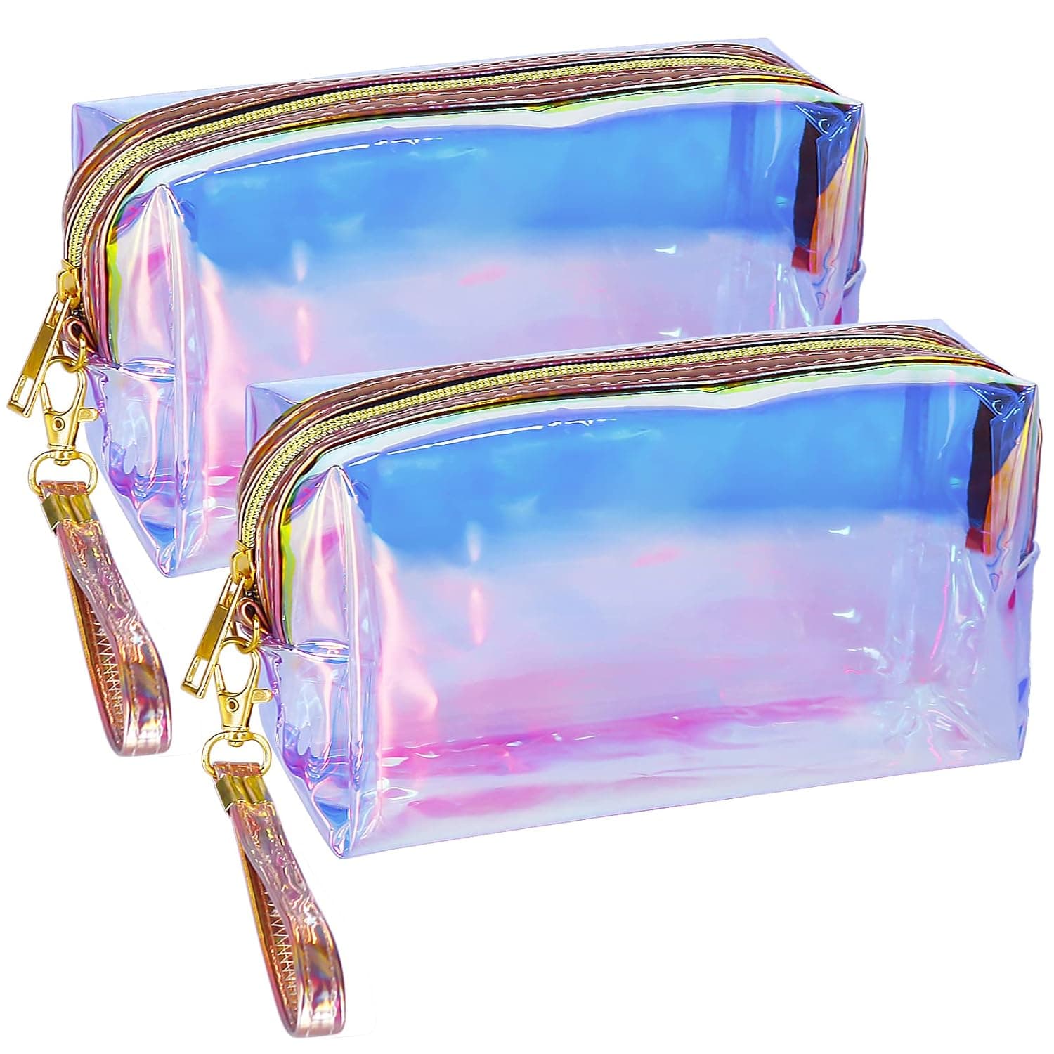 besharppin Holographic Cosmetic Bags, 2pcs Iridescent Makeup Pouches with Wrist Loop for Home Office Purse Diaper Bag