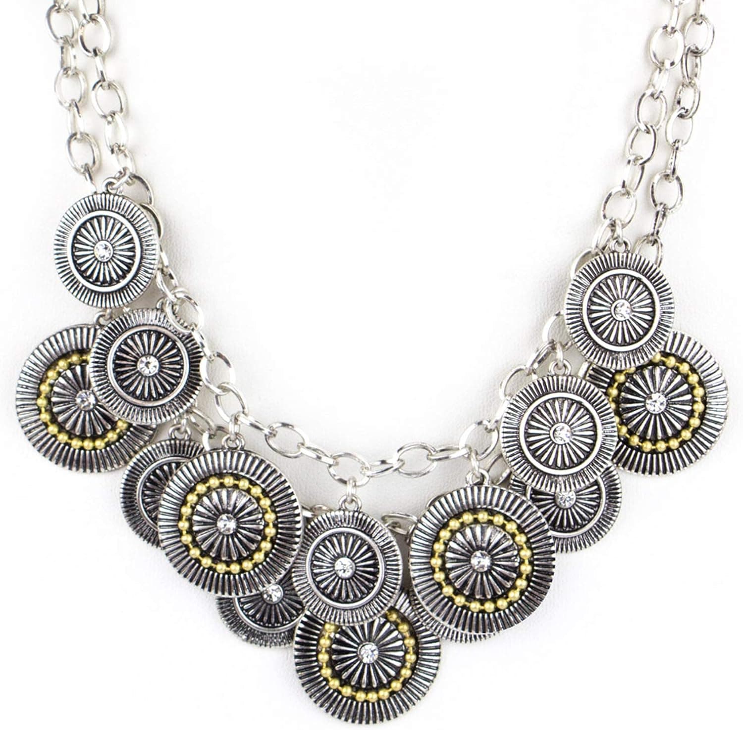 LookLove Womens Jewelry Silver and Gold Statement Necklace with Crystal Accents 17" Long with a 3" Extender
