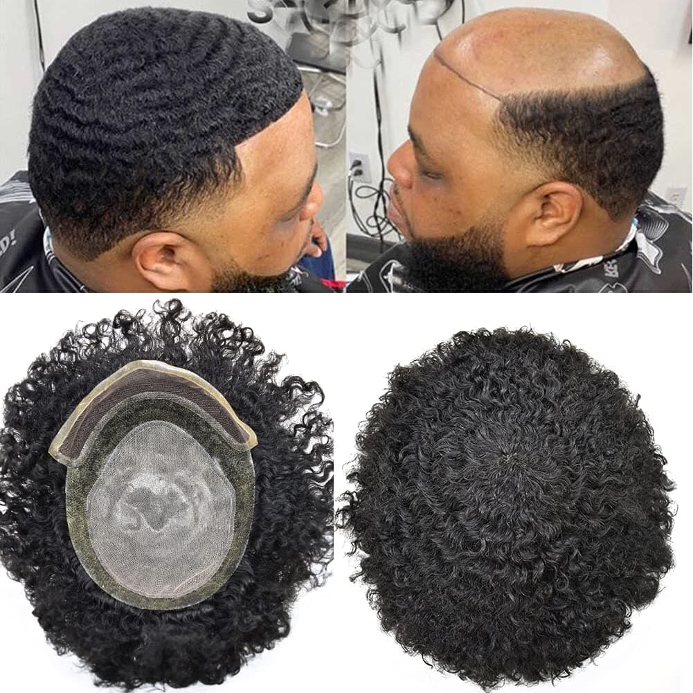 French Lace Front Afro Curl Mens Toupee Hairpiece 8X10" Injected PU Skin with Breathable Holes African American Kinky Curly Human Hair Replacement Systems Wigs for Men Undetectable Afro Man Wave Toupee (10MM Afro Wave, 1B# Natural Black/Off Black)