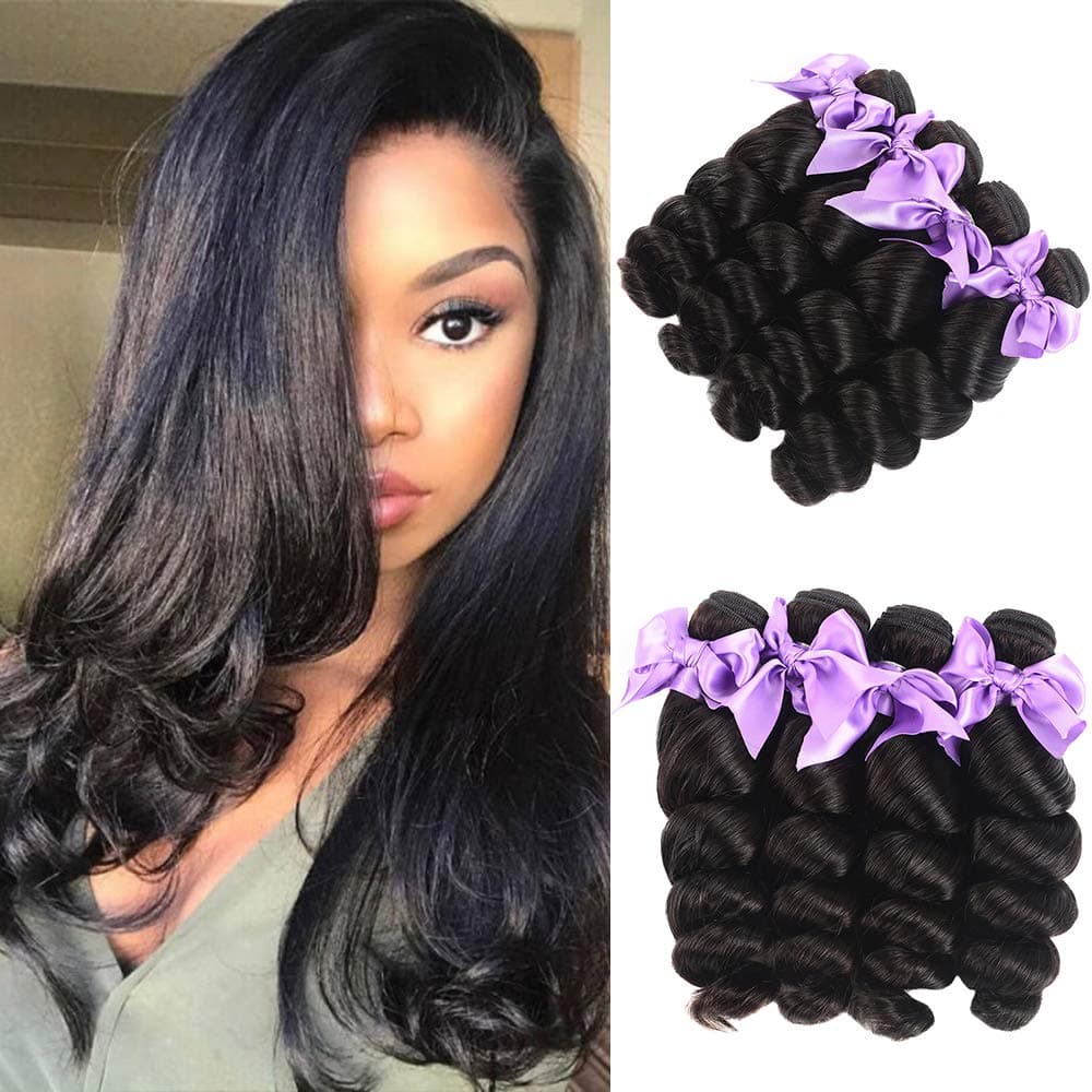 Brazilian 8A Human Hair Loose Wave Bundles Virgin Hair Loose Wave Bundles Natural Black 100% Unprocessed Curly Wavy Human Hair Weave 4 Bundles Remy Human Hair Extensions(20 22 24 26)