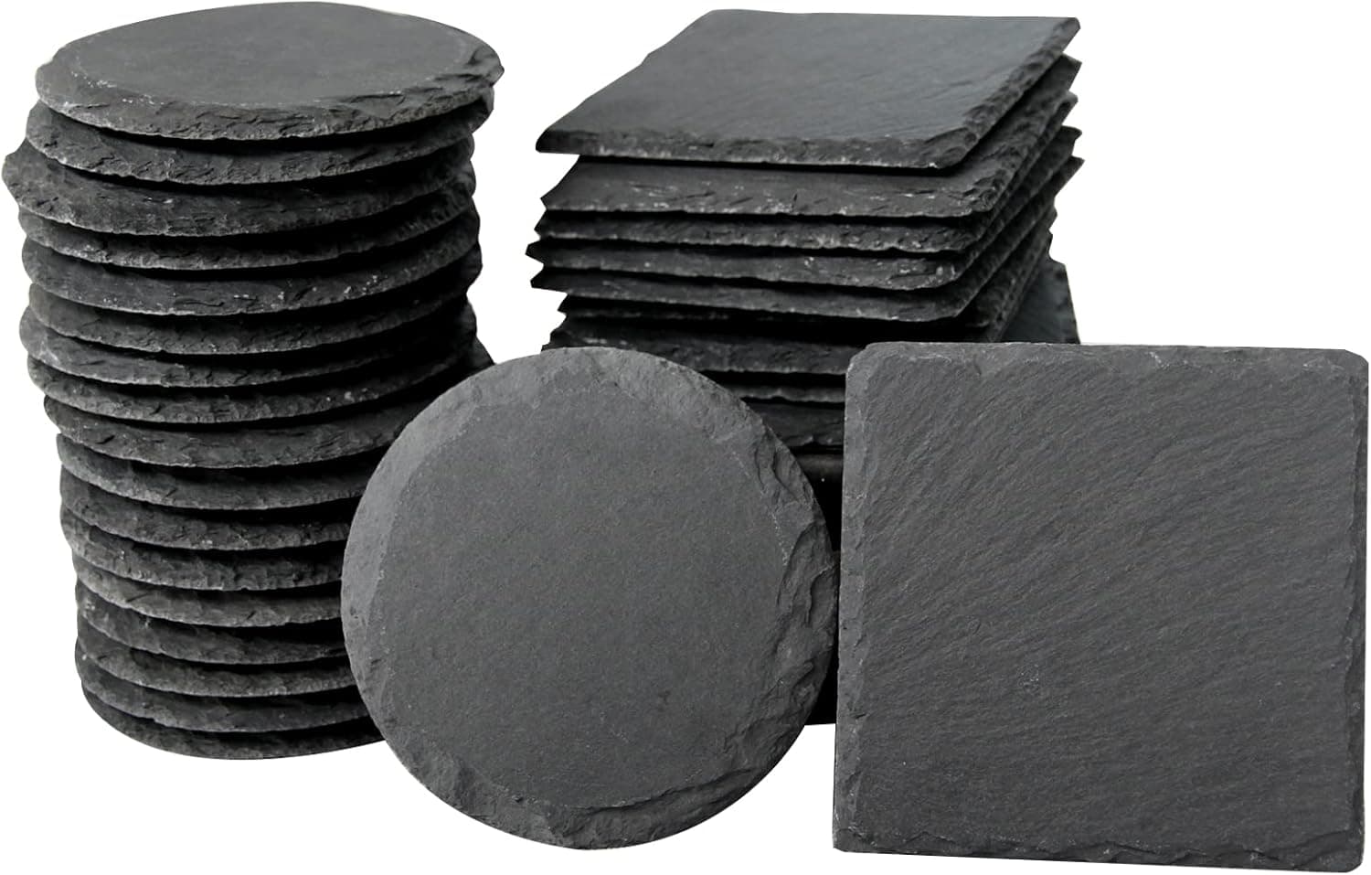 Cakocaco 36pcs Slate Drink Coasters Bar Coasters for Drinks,Natural Edge Slate Stone Coasters,Suitable for Any Table Type, Outdoor Coffee Table, Cool Home Décor. 4 Inches(36, Square Round Coasters)