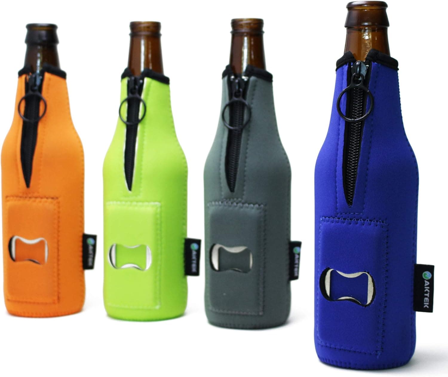 Beer bottle insulator sleeves with built-in opener | neoprene bottle insulator sleeve | Keeps beer cold and hands dry | pack of 4 | Aktek