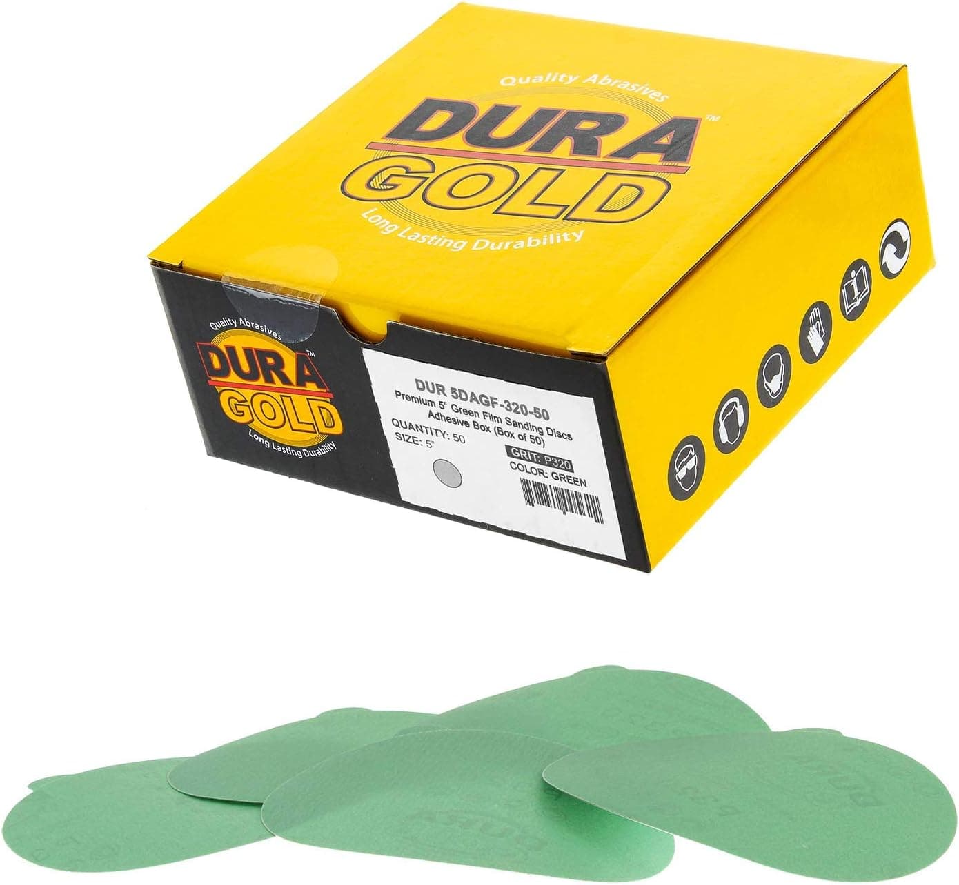 Dura-Gold Premium 5" Green Film PSA Sanding Discs - 320 Grit (Box of 50) - Film Back Self Adhesive Stickyback Sandpaper Discs for DA Sanders, Fast Cut Abrasive - Sand Automotive Paint Woodworking Wood
