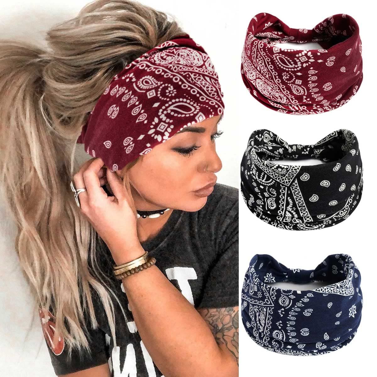 Sepniell Boho Beadeau Headbands Solid Color Wide Knotted Stretch Hair Wraps Floral Printed Turban Leopard Sport Athletic Yoga Hair Accessories for Women Pack of 3 (A)