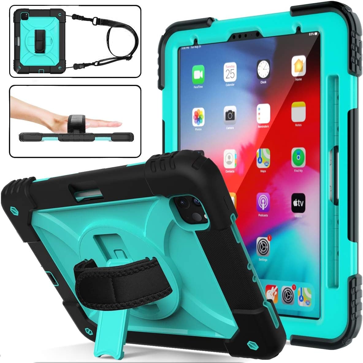 TIRIN iPad Pro 11 2020 Case, iPad Pro 11 inch Case with Pencil Holder, 360 Rotating Stand Strap Full-Body Rugged Drop Protection Case for iPad Pro 11 2nd Generation/iPad Pro 11 2018, Turquoise+Black
