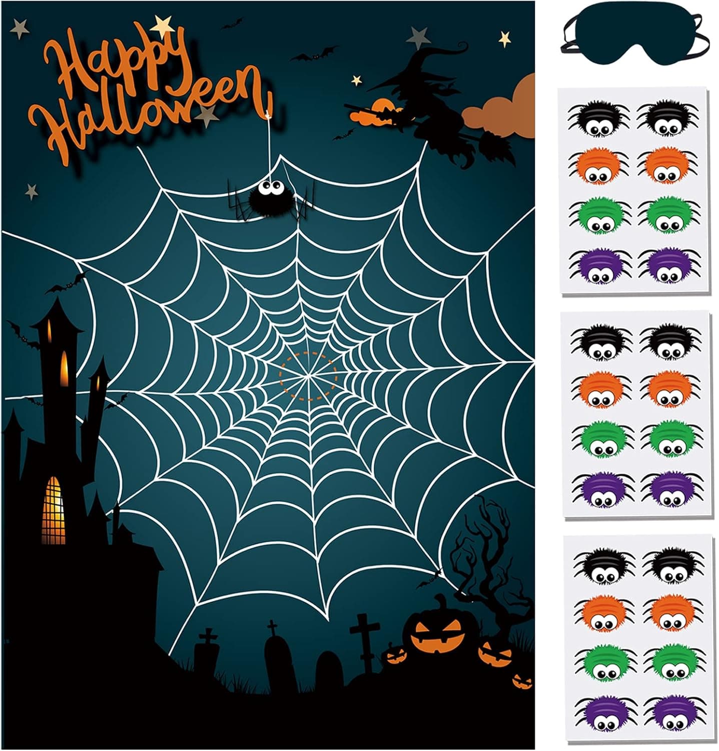 BORAMDO Pin The Spider on The Web Halloween Party Game for Kids Web Poster with 24 Pieces Spider Stickers and A Blindfold for Halloween Party Supplies Classroom Games