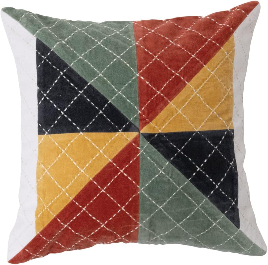 Creative Co-Op Velvet Patchwork Kantha Stitch Pillow, 18" L x 18" W x 2" H, Multicolor