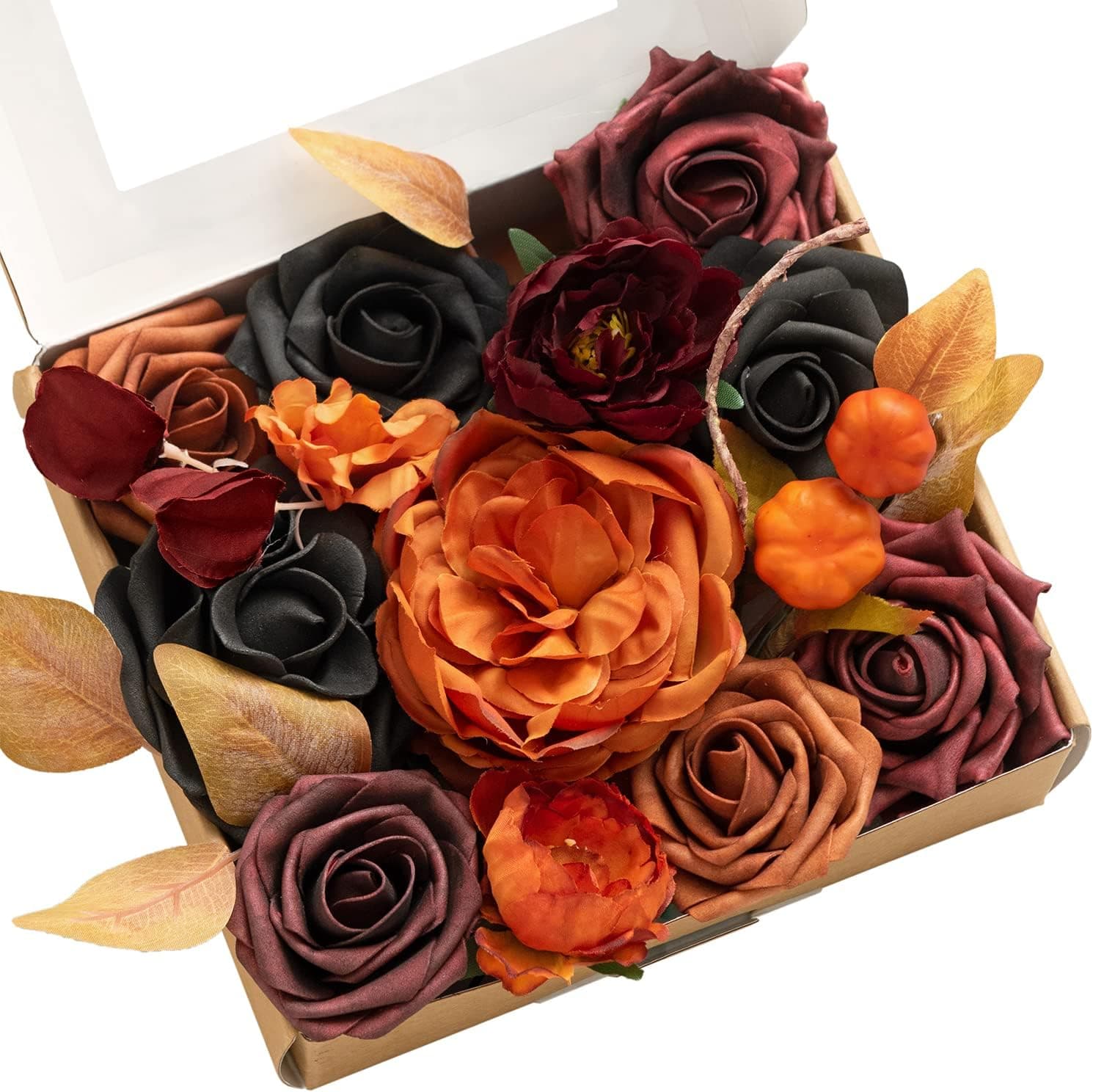 Ling's Moment Artificial Flowers and Greenery Combo Box Set, Can Make a 7" Bouquet for Fall Wedding (Black and Pumpkin Orange)